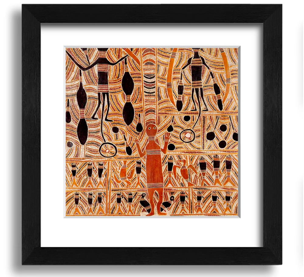 Aboriginal Marika Mathaman Square Framed Print showcasing vibrant colors and intricate designs, framed in a stylish border.